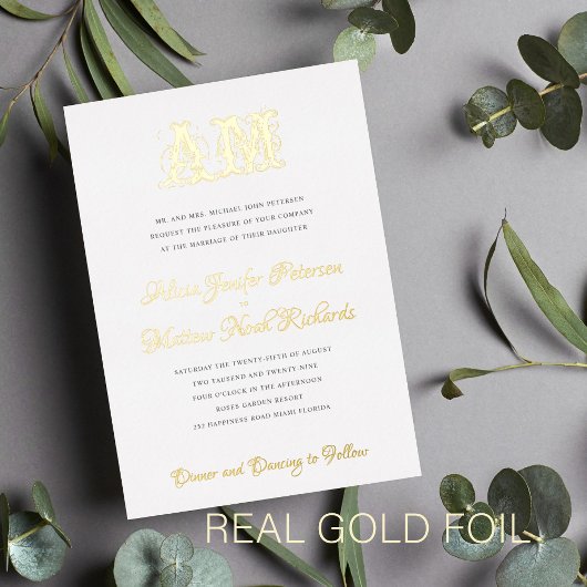 Elegant monogram luxe goudfolie bruiloft folie uitnodiging