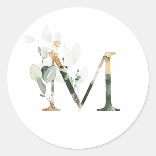 Elegant Monogram M Bruiloft Briefpapier groen Ronde Sticker (Voorkant)