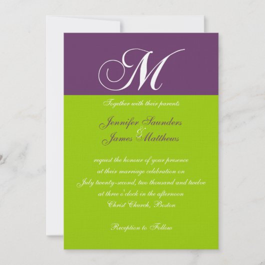 Elegant Monogram M Paarse Green Wedding Invitation Kaart (Voorkant)