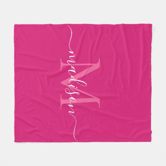 Elegant Monogram Magenta Roze Wit Modern Script Fleece Deken (Voorkant (Horizontaal))