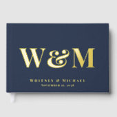 Elegant Monogram Marine Blauw Bruiloft Gastenboek (Voorkant)