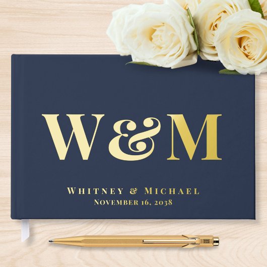 Elegant Monogram Marine Blauw Bruiloft Gastenboek