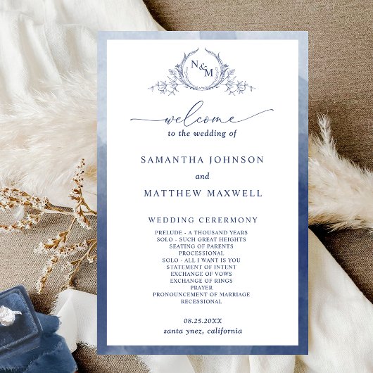 Élégant Monogram Marine Blue Wedding Programme