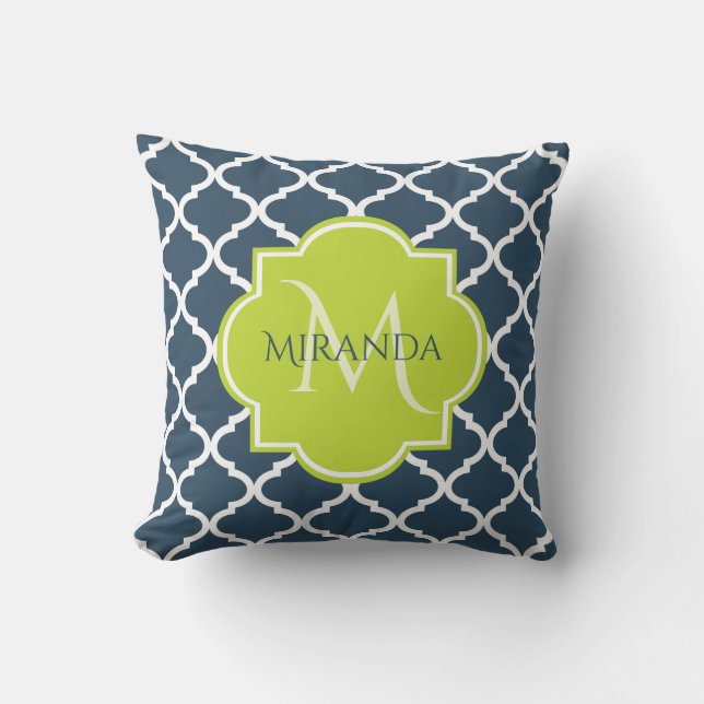 Elegant Monogram Marine Green Quatrefoil en Name Kussen (Voorkant)