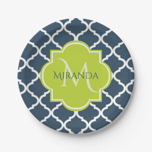 Elegant Monogram Marine Green Quatrefoil en Name Papieren Bordje