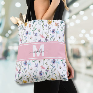 Elegant Monogram met Wilde Bloemen Draagtas