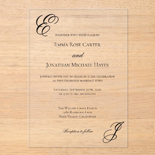 Elegant Monogram Minimalist Wedding Acryl Uitnodigingen (Voorkant)