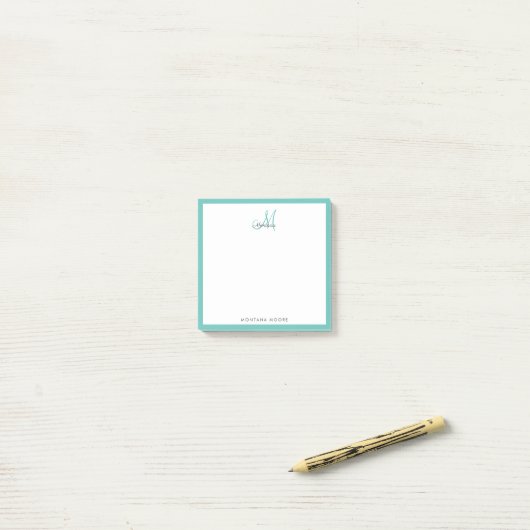 Elegant Monogram Modern Simple Girly Blauwgroen Post-it® Notes (Op bureau)