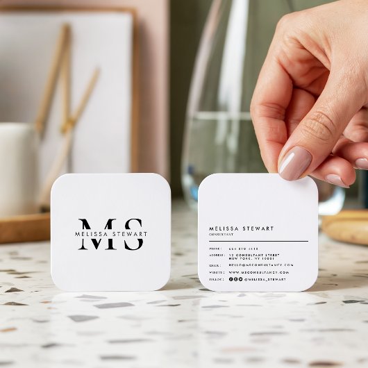 Elegant monogram modern zwart wit afgerond vierkante visitekaartje