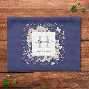 Elegant Monogram Mooie Beige Blauwe Bloemen Bloemi Theedoek