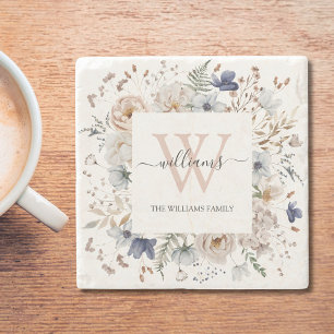Elegant Monogram Mooie Beige Blauwe Bloemen Bloems Stenen Onderzetter