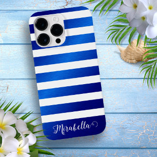 Elegant Monogram Naam Blauw en Witte Stripes Case-Mate iPhone 14 Pro Max Hoesje