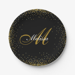 elegant monogram naam goud glitter zwart papieren bordje