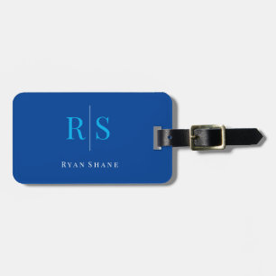 Elegant Monogram, Naam & Info, Blauw & Wit Bagagelabel