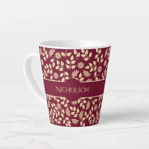 Elegant Monogram Naam Leaf Daisy Pattern Burgundy Latte Mok