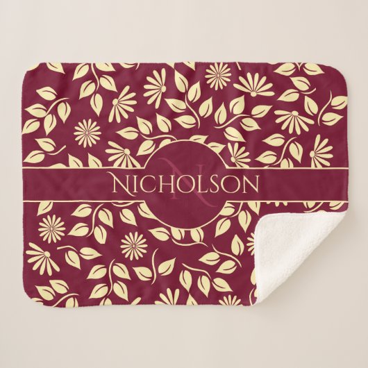Elegant Monogram Naam Leaf Daisy Pattern Burgundy Sherpa Deken (Voorkant (horizontaal))