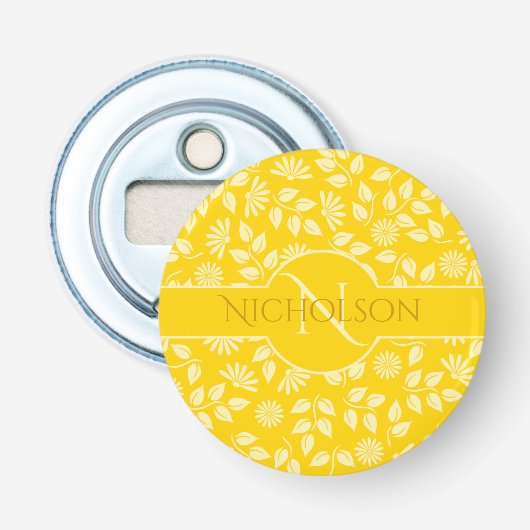 Elegant Monogram Naam Leaf Daisy Pattern Yellow Button Flesopener (Voorkant)