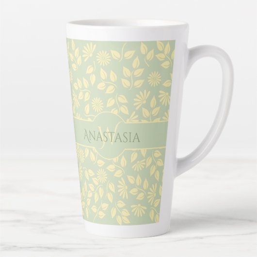 Elegant Monogram Naam Leaf Pattern Pastel Green Latte Mok (Rechts)