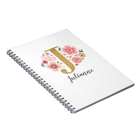 Elegant monogram Naam Roze Gold Floral Script Notitieboek (Rechterzijde)