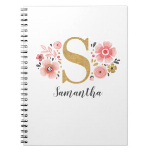 Elegant Monogram Naam Roze Witte Florence Kantoor Notitieboek