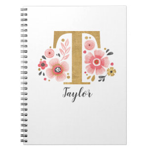 Elegant monogram Naam White Pink Floral Script Notitieboek