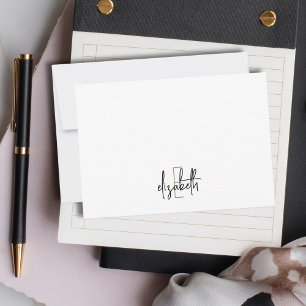 Elegant Monogram Naam Zwart Gold Script Notitiekaartje