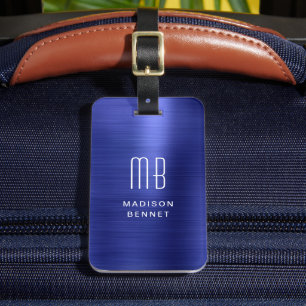 Elegant Monogram Navy Blauwe Geborstelde Metalen Bagagelabel