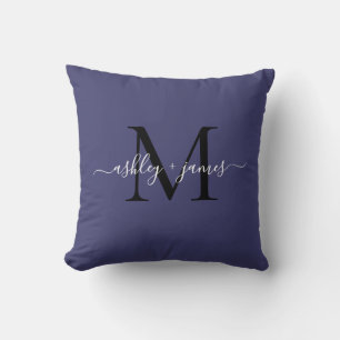 Elegant Monogram Navy Blue Script Namen Trouwen Kussen