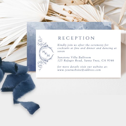 Elegant Monogram Navy Waterverf Wedding Reception Informatiekaartje