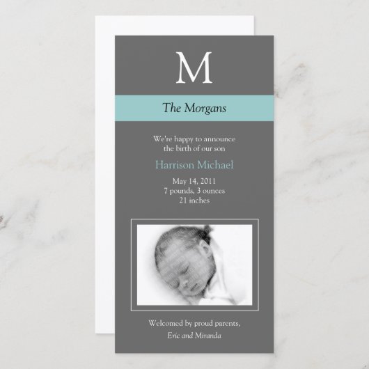 Elegant Monogram Nieuwe Baby Fotokaart - Grijs/Bla Aankondiging (Voorkant / Achterkant)