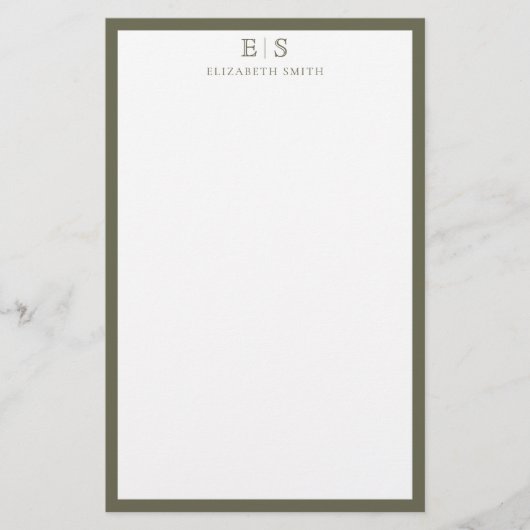 Elegant Monogram Olive Green Border Briefpapier (Voorkant)