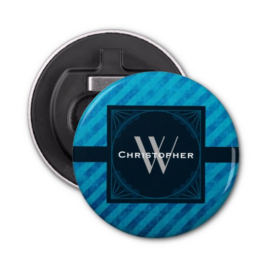 Elegant Monogram op een Blue Art Deco Square Button Flesopener (Voorkant)