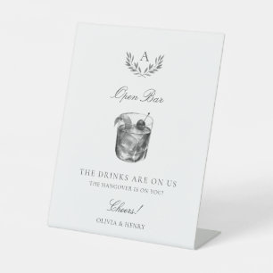 Elegant Monogram Open Bar Bruiloft Reclamebord Met Voetstuk