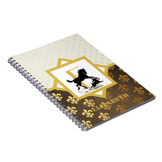 Elegant Monogram Paard Hond Goud Brons Fleurdelys Notitieboek (Rechterzijde)