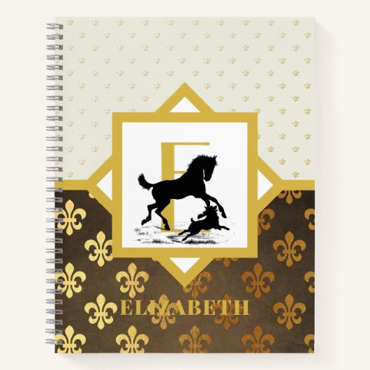 Elegant Monogram Paard Hond Goud Brons Fleurdelys Notitieboek (Voorkant)