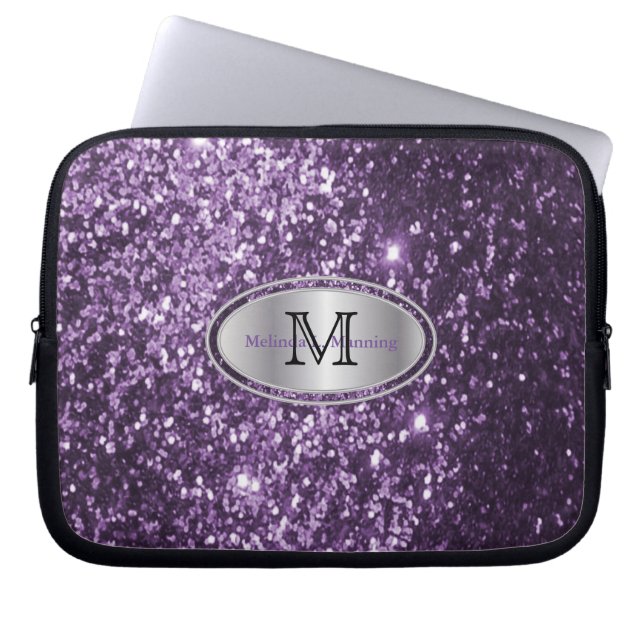 Elegant Monogram Paars Glitter en Silver Laptop Sleeve (Voorkant)