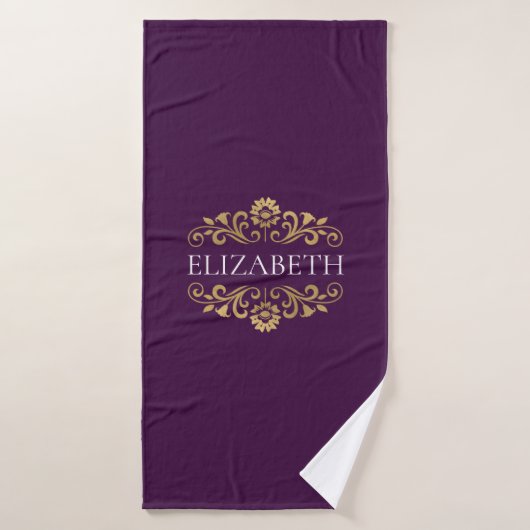 Elegant Monogram Paars Gold Bath Towel Badhanddoek (Badhanddoek)
