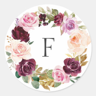 Elegant Monogram Paars Herfst Floral Wedding Ronde Sticker