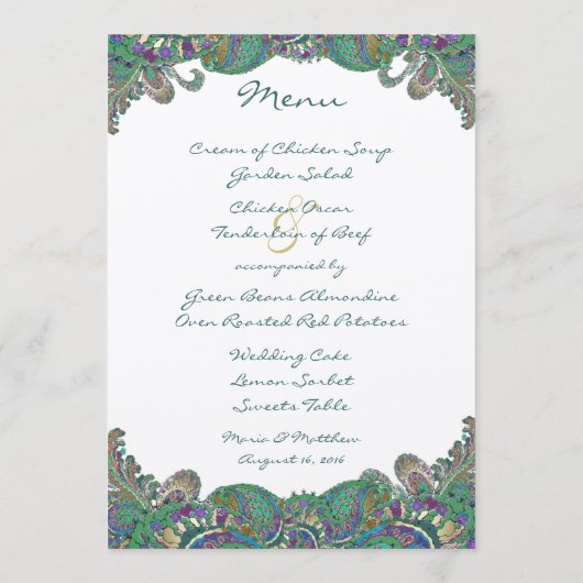 Elegant Monogram Paisley Pauw Kleuren Bruiloft Menu (Achterkant)