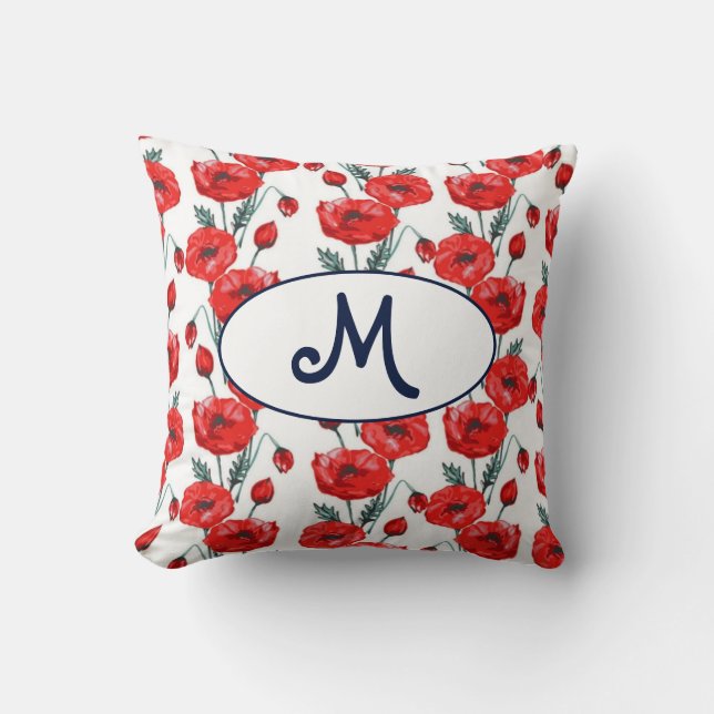 Elegant monogram pattern with red poppy flowers kussen (Voorkant)