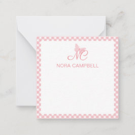 Elegant Monogram Perzik Roze Gingham gepersonalise Notitiekaartje