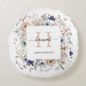 Elegant Monogram Pretty Beige Blue Flowers Floral Rond Kussen (Voorkant)