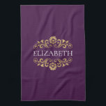 Élégant Monogram Purple Gold Serviette de cuisine<br><div class="desc">Une serviette de cuisine monogramme chic et élégante,  violet et doré. Ajoutez votre nom entre la floraison dorée sur le devant. Conçu pour vous par Blackberry Boulevard.</div>