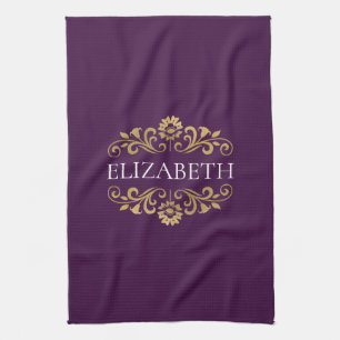 Élégant Monogram Purple Gold Serviette de cuisine