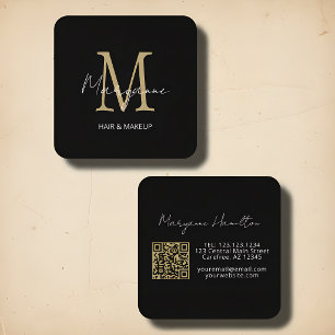 Elegant Monogram QR Zwart Goud Vierkante Visitekaartje