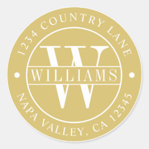 Elegant Monogram Retouradres Goud Ronde Sticker