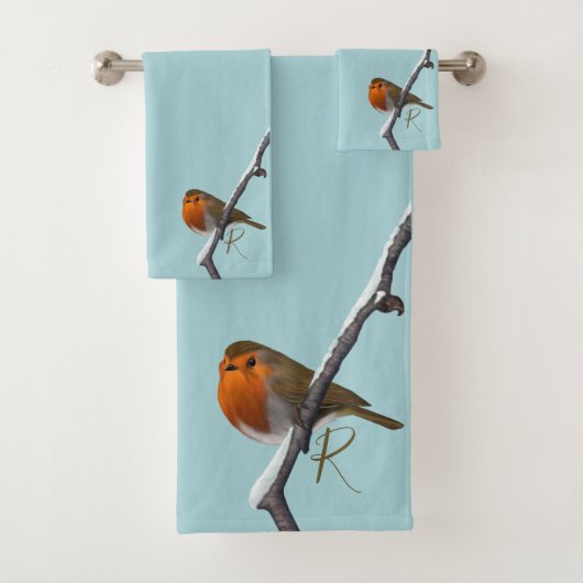 Elegant Monogram Robin Bird Blue Bad Handdoek (Insitu)