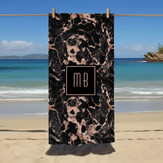Elegant Monogram Roos Gold Black Marble Strandlaken