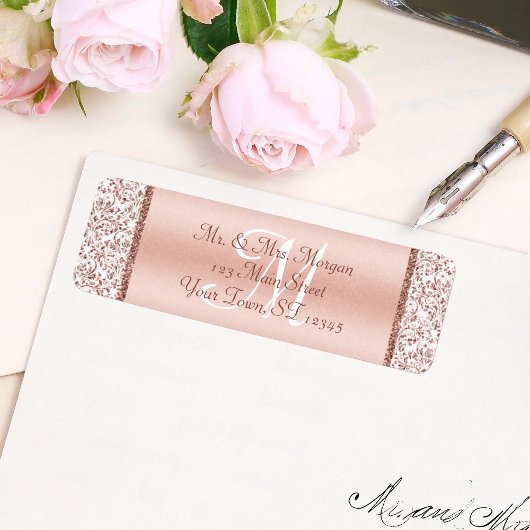 Elegant Monogram Roos Gold Damask Wedding Etiket