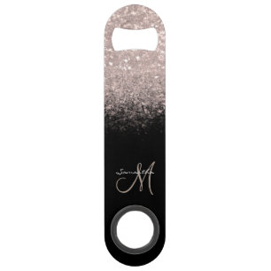 Elegant Monogram Roos Gold Glitter & Black Bar Key Speed Flessenopener